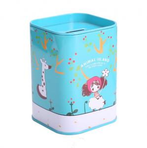 Quality Recyclable Small Tin Can Metal Coin Collection Boxes Square Tinplate Piggy Bank for sale